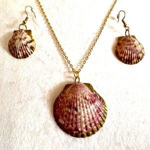 Gold and Purple Scallop Shell Necklace and Earring Set
